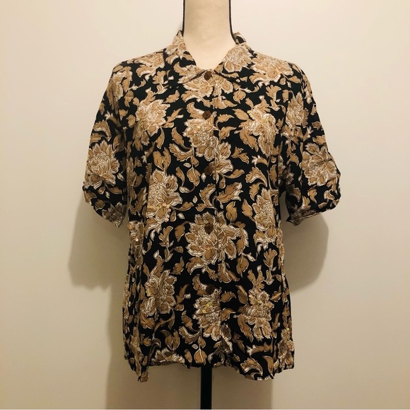White Stag floral  shirt vintage button down short sleeve blouse SZ L black gold - Picture 1 of 6